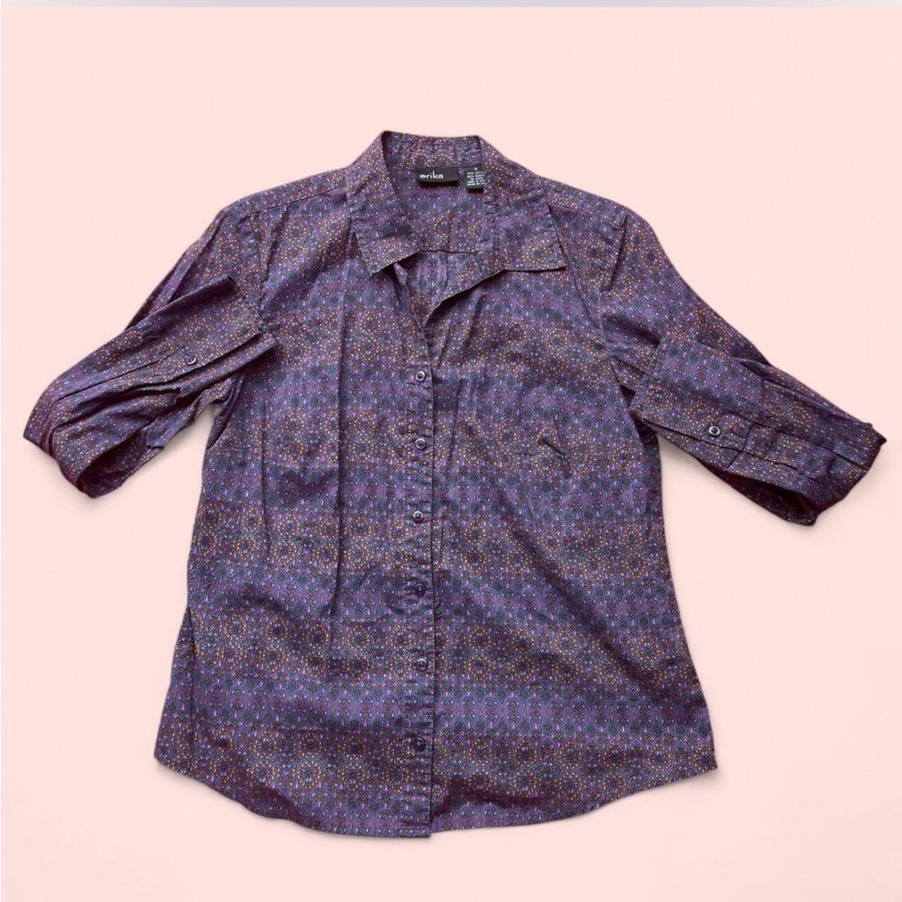 Vintage Erika Purple Floral Button Down Shirt 70s Style Print size S